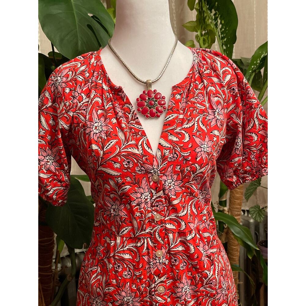 LOFT Women's Prairie Boho Maxi Dress Floral Red V-neck Spring Summer Sz XS